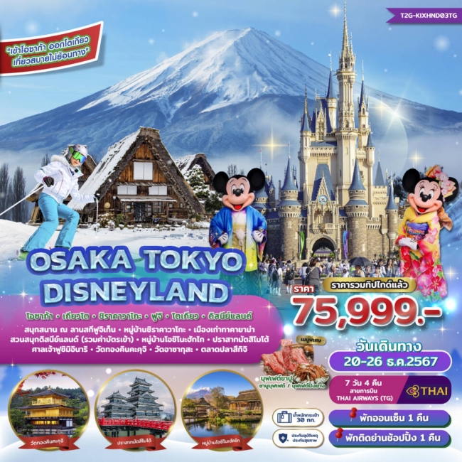 ทัวร์ญี่ปุ่น Osaka Tokyo Disneyland Fuji Shirakawago 7D4N (T2G)