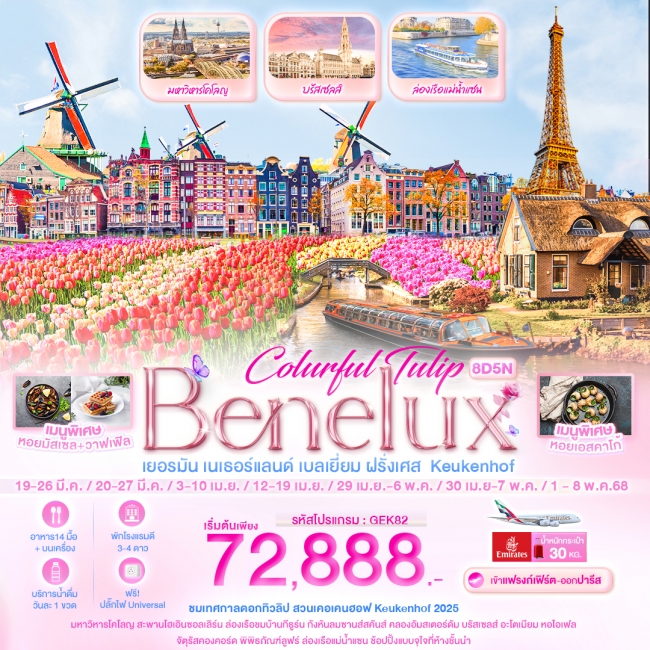 ทัวร์ยุโรป Colurful Tulip Benelux เยอรมัน เนเธอแลนด์ เบลเยี่ยม ฝรั่งเศส Keukenhof 8 วัน 5 คืน (IT)